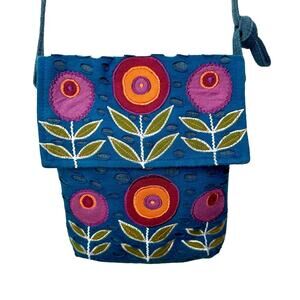 Rising Tide Blue Art to Wear Embroidered Floral Cotton Boho Crossbody Bag